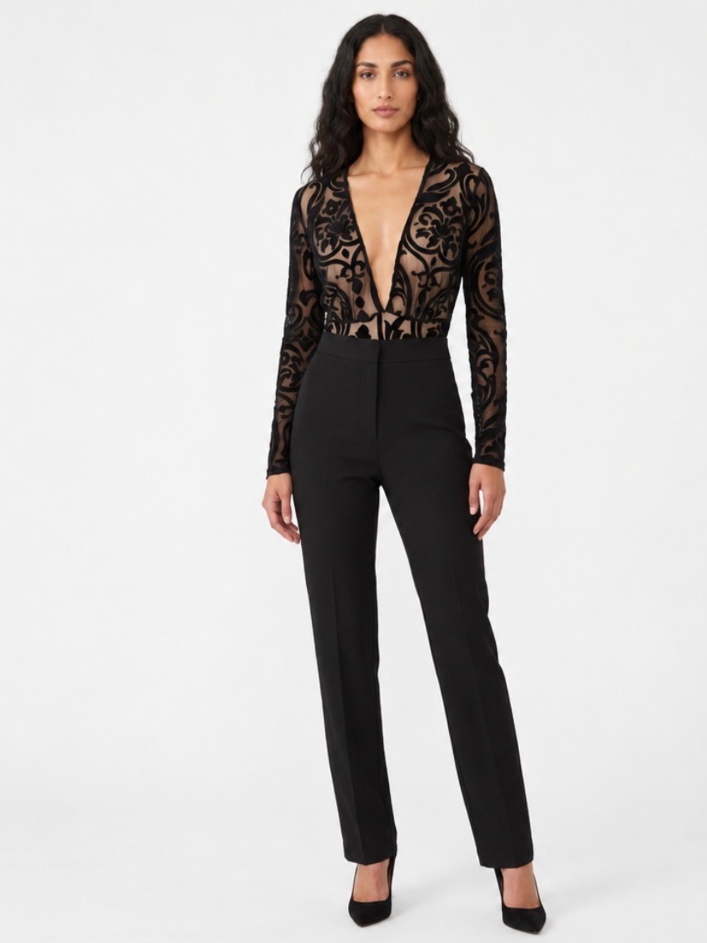 Whimsigoth illusion sheer mesh bodysuit black velvet flocked floral deep v